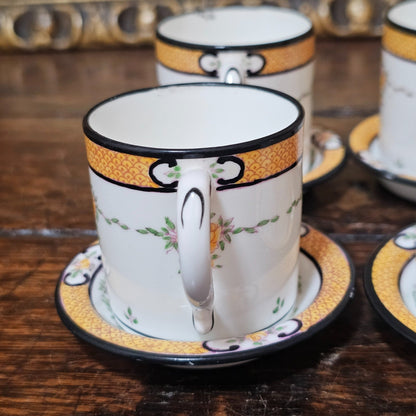 Exquisite Rare Mintons Yellow & Black Persian Rose Coffee Cans & Saucers C1900