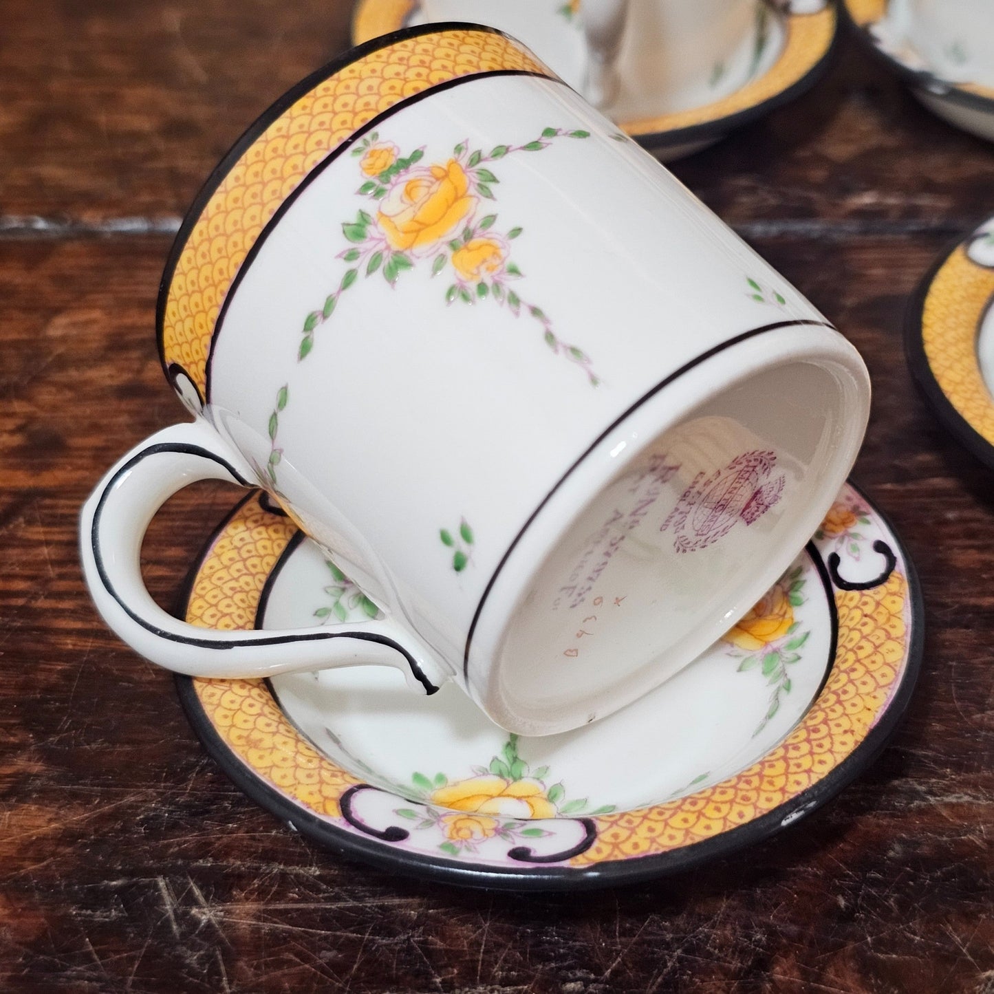 Exquisite Rare Mintons Yellow & Black Persian Rose Coffee Cans & Saucers C1900