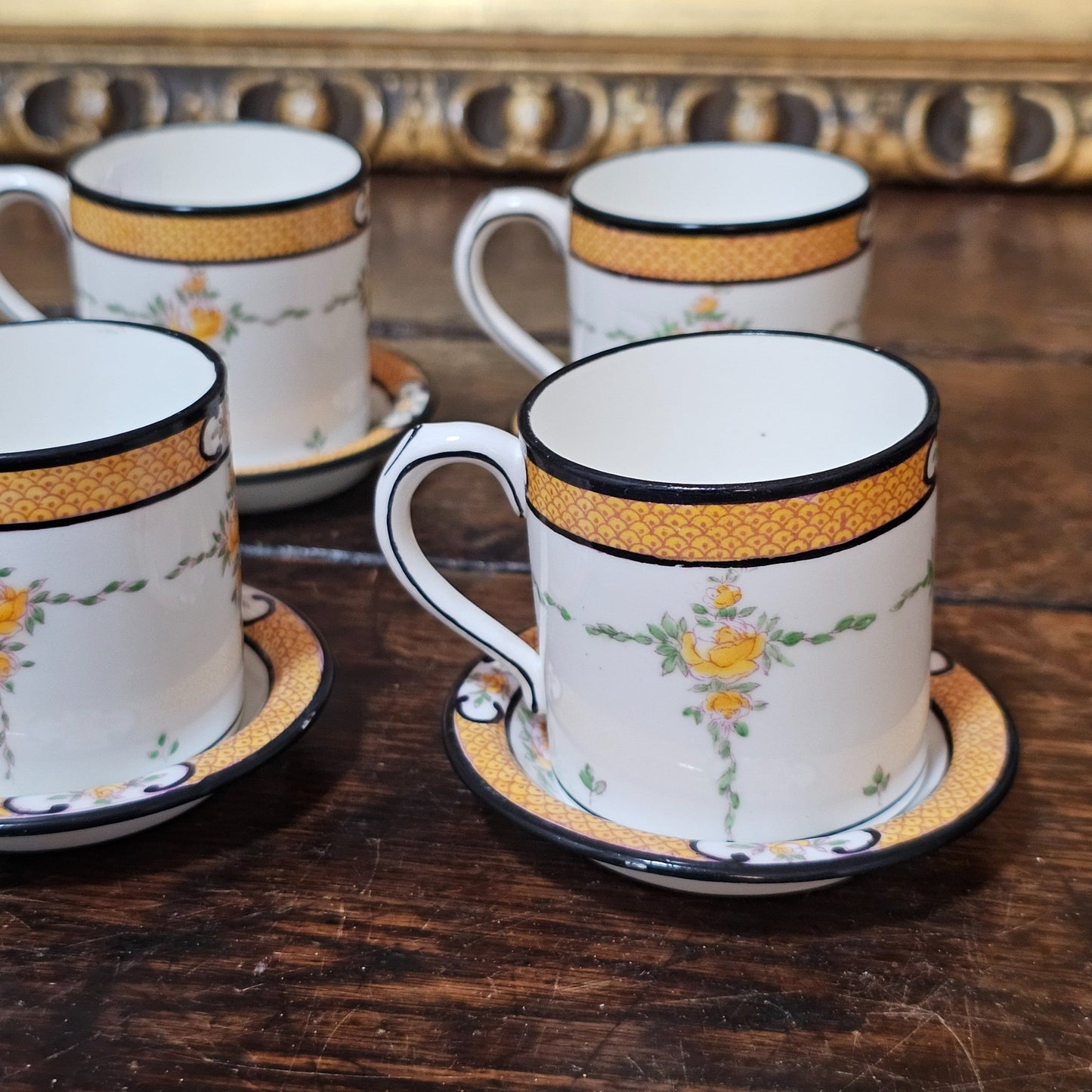 Exquisite Rare Mintons Yellow & Black Persian Rose Coffee Cans & Saucers C1900