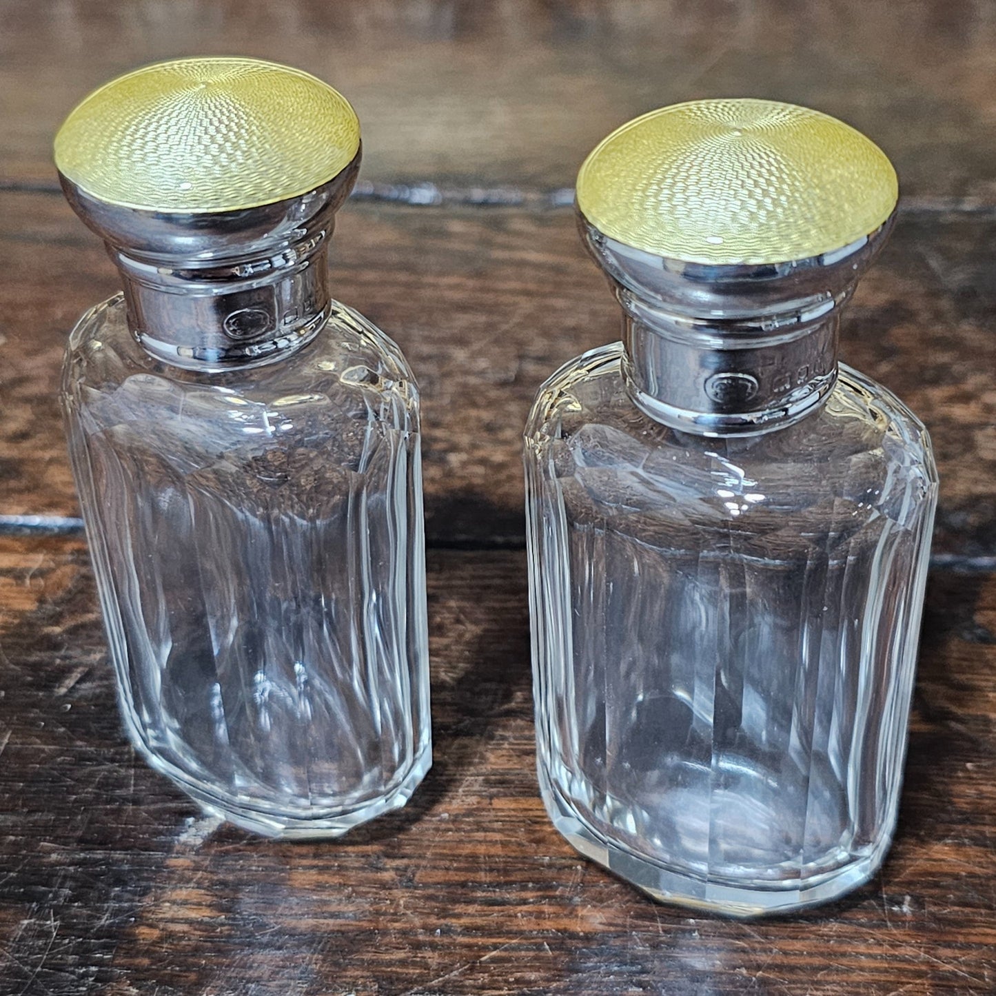 Exquisite Pair Of Art Deco Silver, Yellow Enamel & Cut Glass Scent Bottles C1930