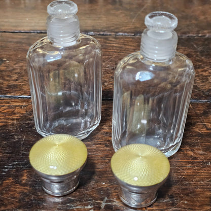 Exquisite Pair Of Art Deco Silver, Yellow Enamel & Cut Glass Scent Bottles C1930