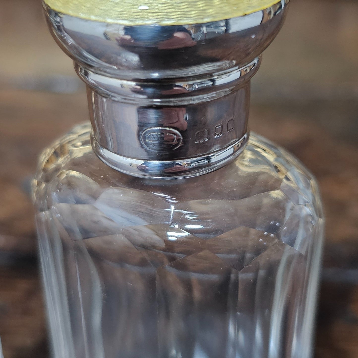 Exquisite Pair Of Art Deco Silver, Yellow Enamel & Cut Glass Scent Bottles C1930